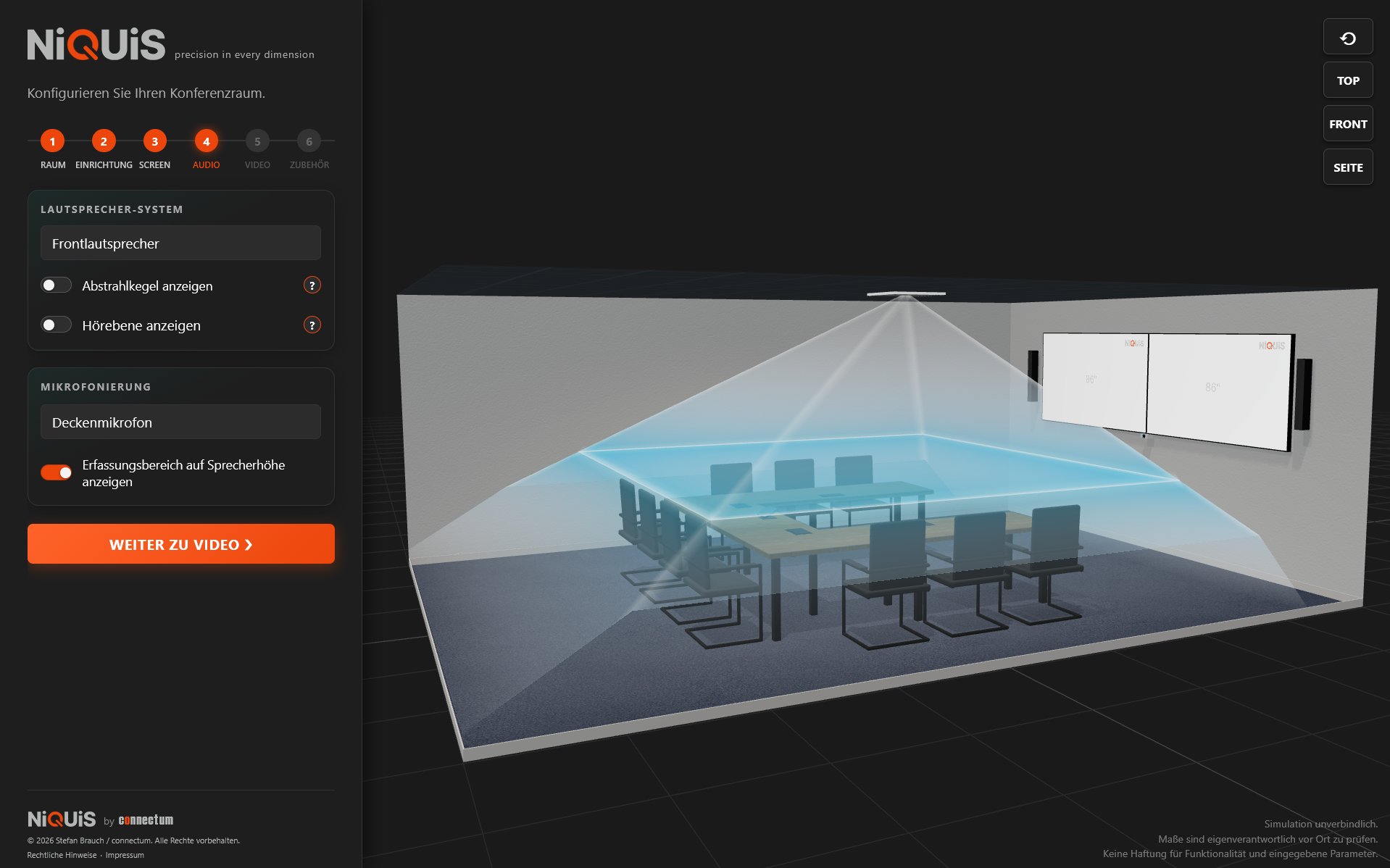 Mikrofon-Erfassungszonen auf Sprecherhöhe im Meetingraum, visualisiert in der NiQUiS 3D-Planung
