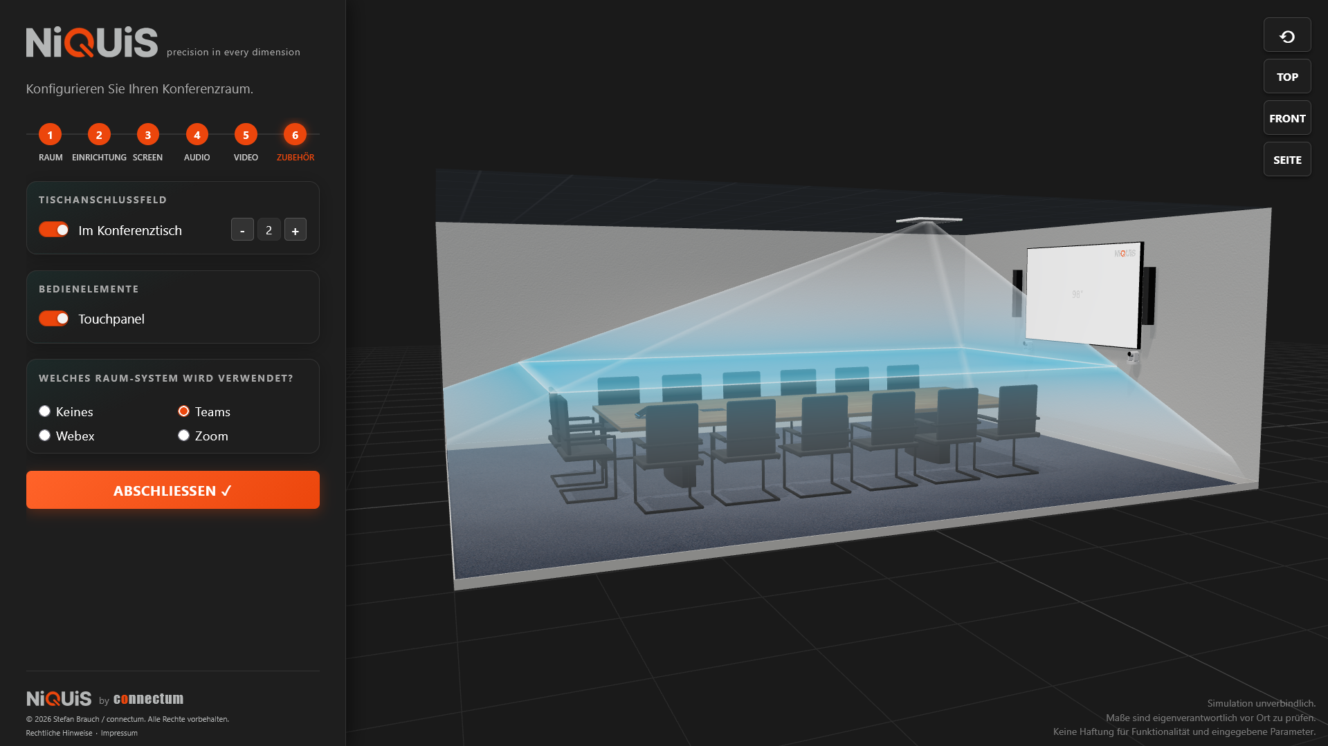Mikrofonzonen und Erfassungsbereiche im Meetingraum, visualisiert in der NiQUiS 3D-Planung