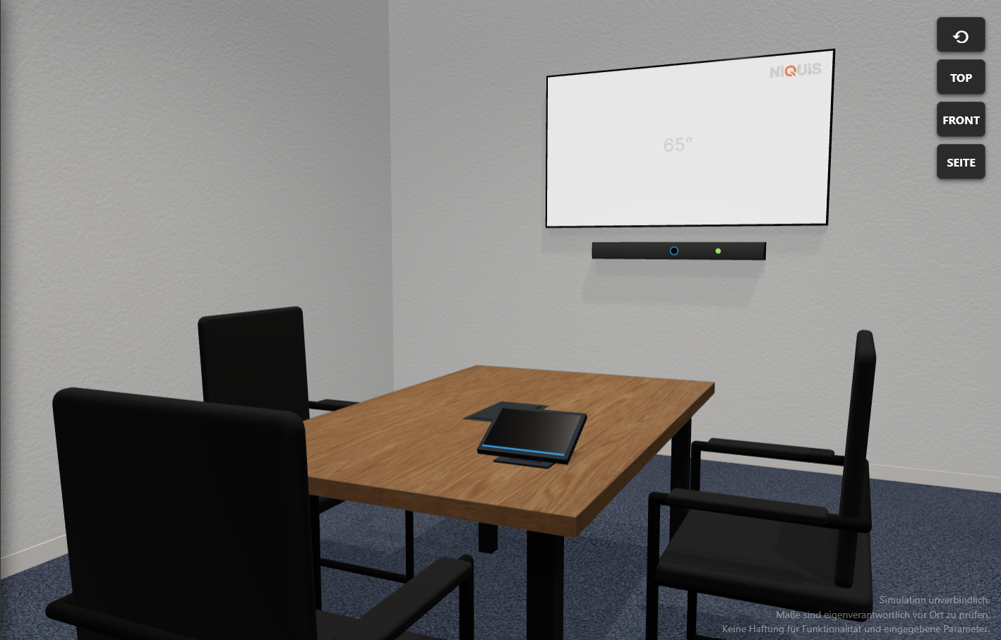 Huddle Space mit kompaktem Display und kurzem Betrachtungsabstand in der NiQUiS 3D-Planung