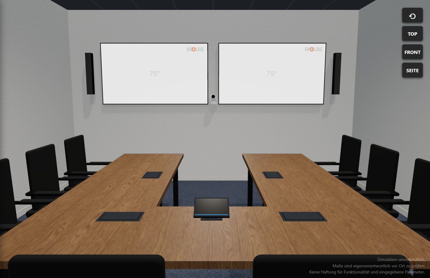 Standard-Meetingraum mit empfohlener Displaygröße und Dual-Display-Option in NiQUiS
