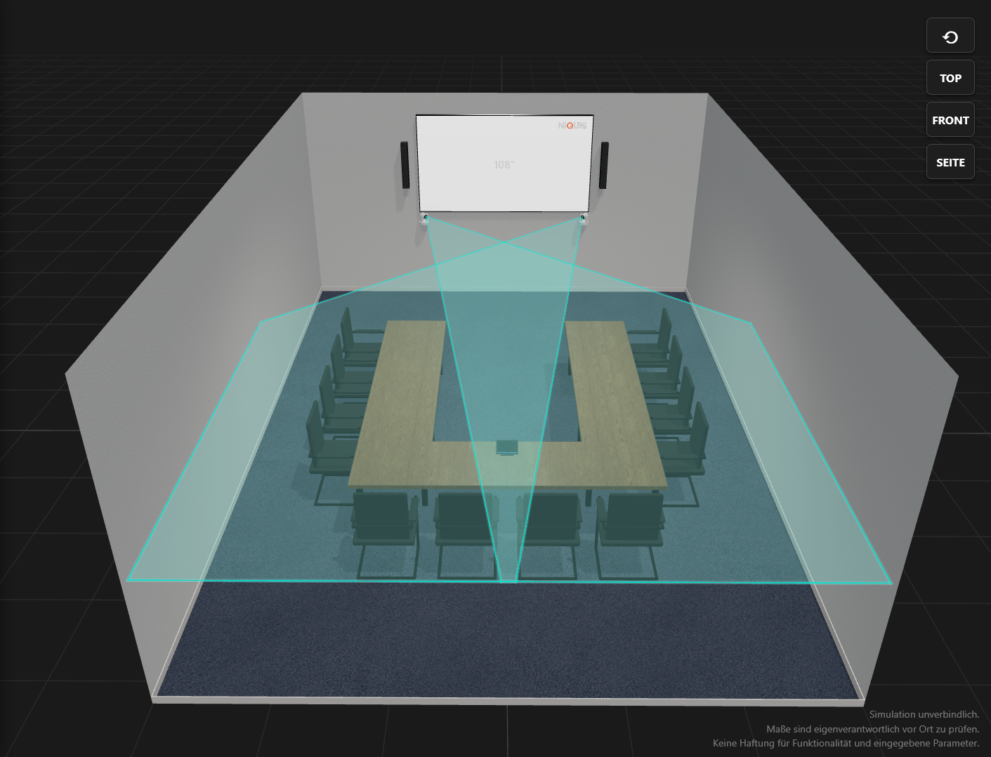 Boardroom mit PTZ-Kamera und optischem Zoom oder Multi-Kamera-Setup in der NiQUiS 3D-Planung