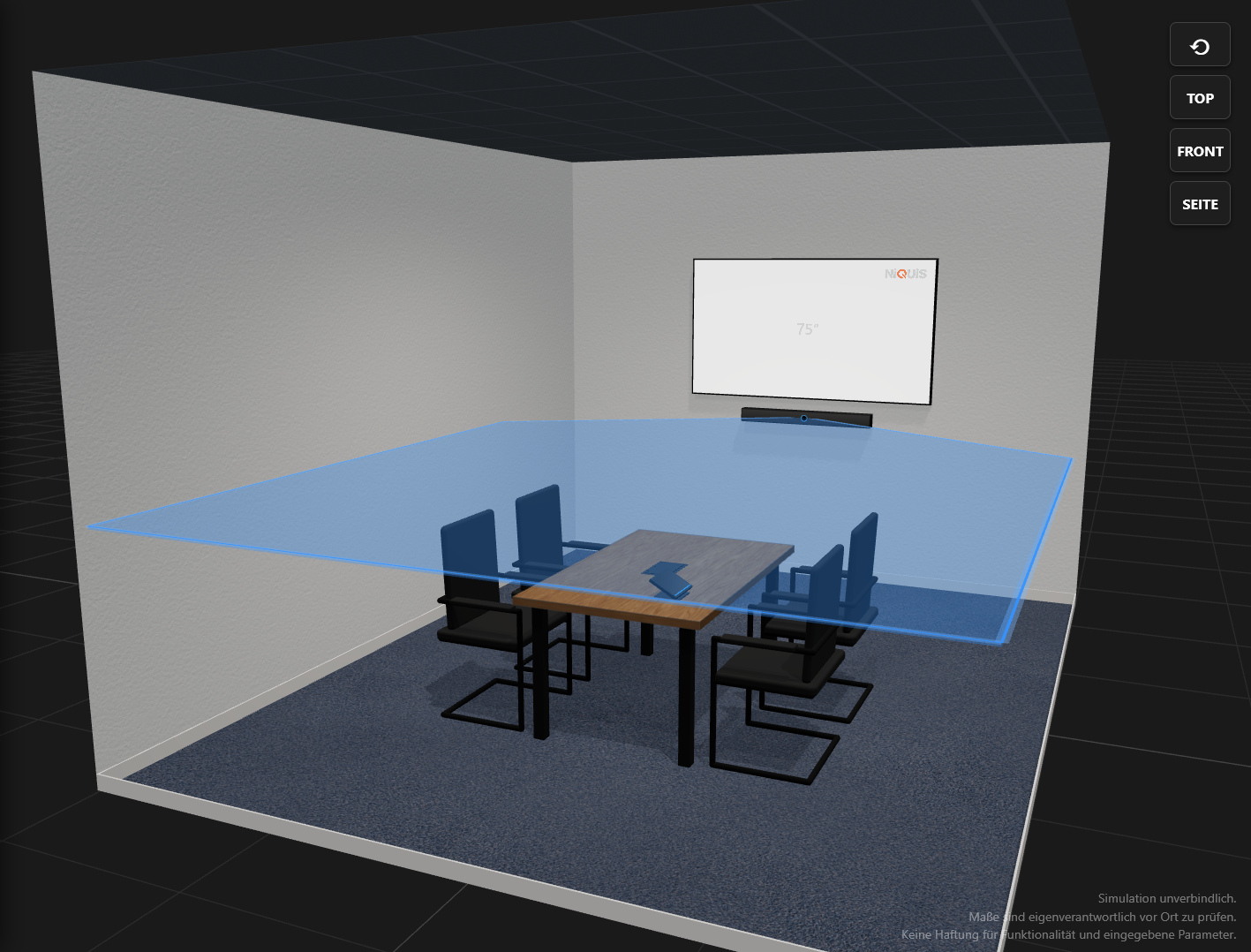 Huddle Space mit Weitwinkel-Videobar und kurzer Kameradistanz in der NiQUiS 3D-Planung
