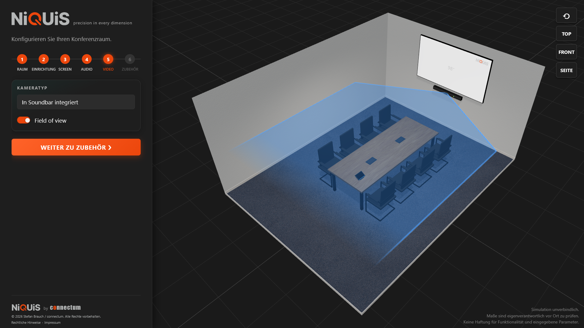 Kamera-Erfassungsbereich (Field of View) im Verhältnis zur Bestuhlung im Meetingraum, visualisiert in der NiQUiS 3D-Planung