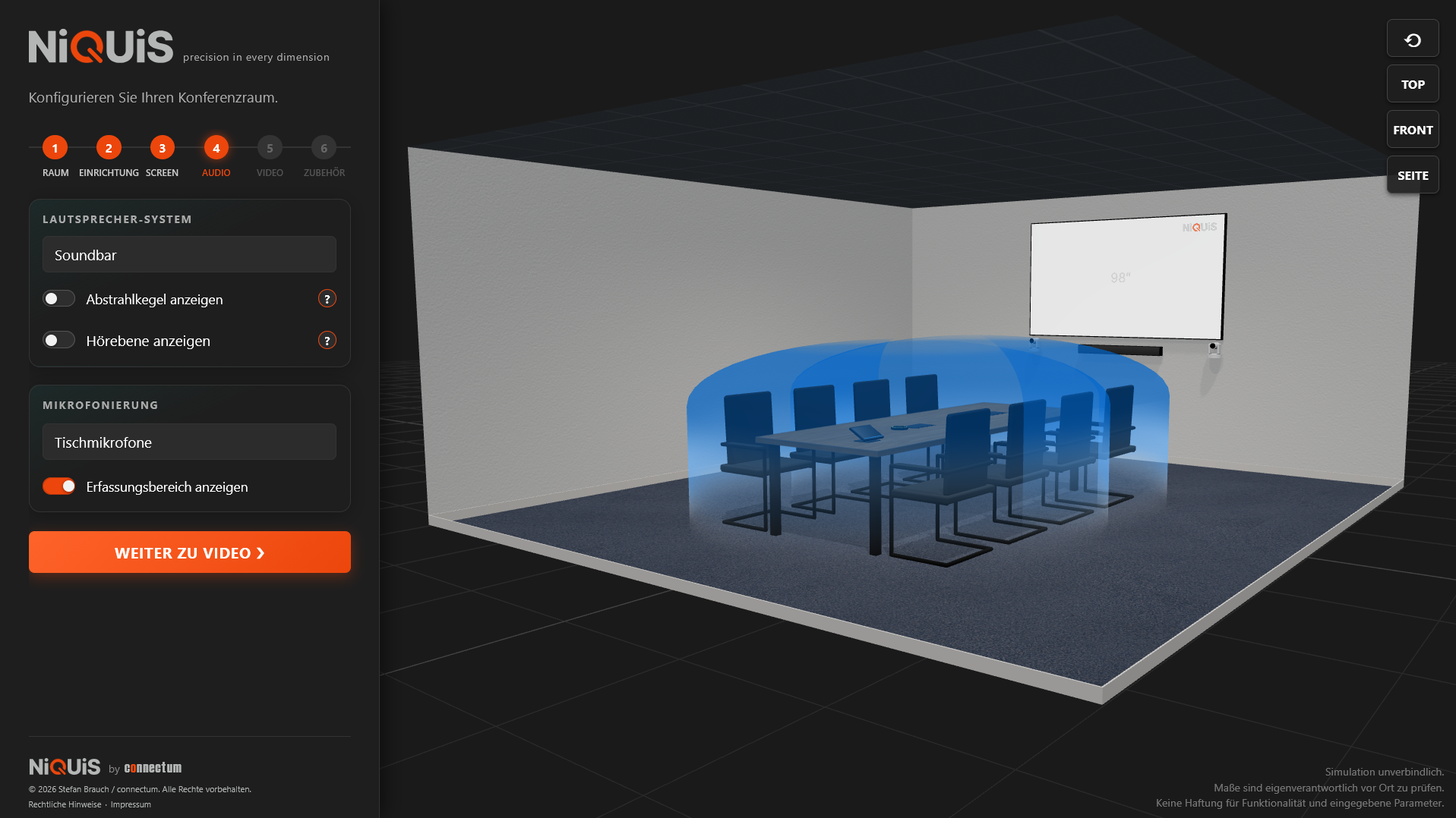 Mikrofon-Abdeckung und Audioqualität im Meetingraum, visualisiert in der NiQUiS 3D-Planung