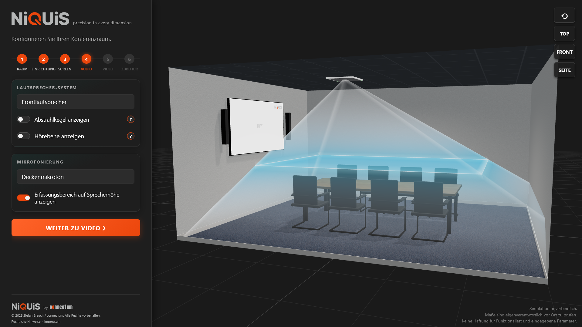 Mikrofon-Erfassungszonen auf Sprecherhöhe in einem Zoom Room, visualisiert in NiQUiS