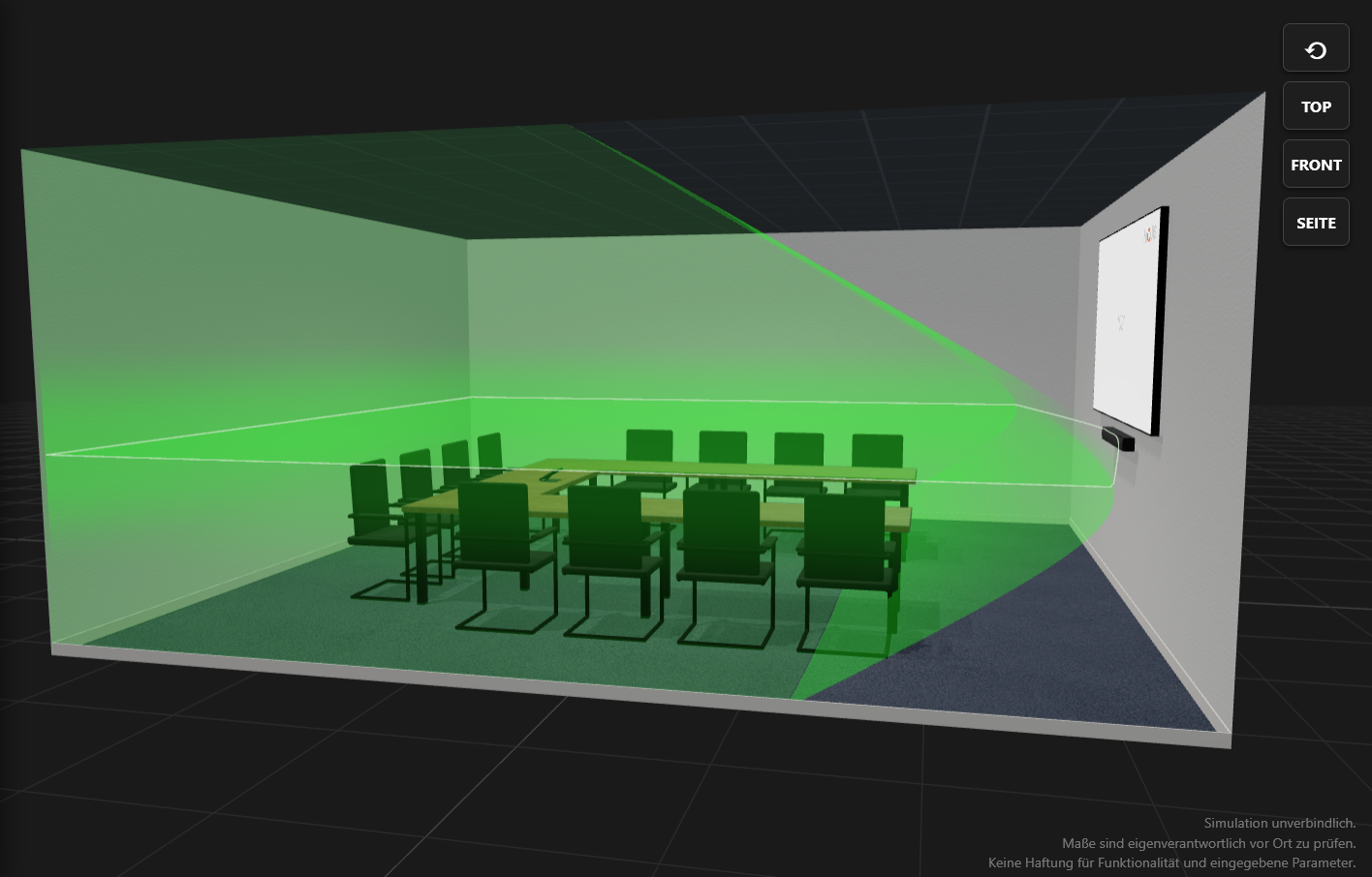 NiQUiS 3D-Konfigurator — Zoom Room mit Mikrofonen, Kamera und Display visualisiert